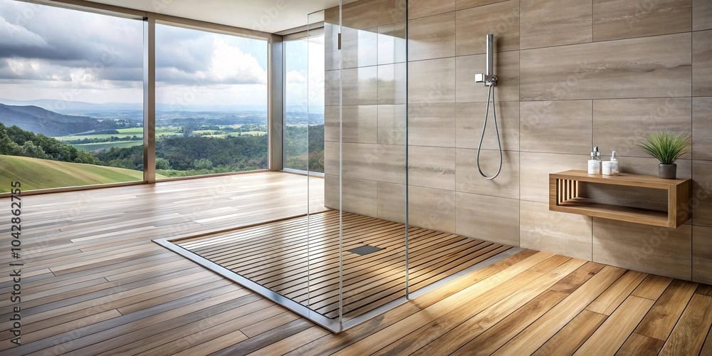 Douche spacieuse avec paroi en verre et revêtement bois