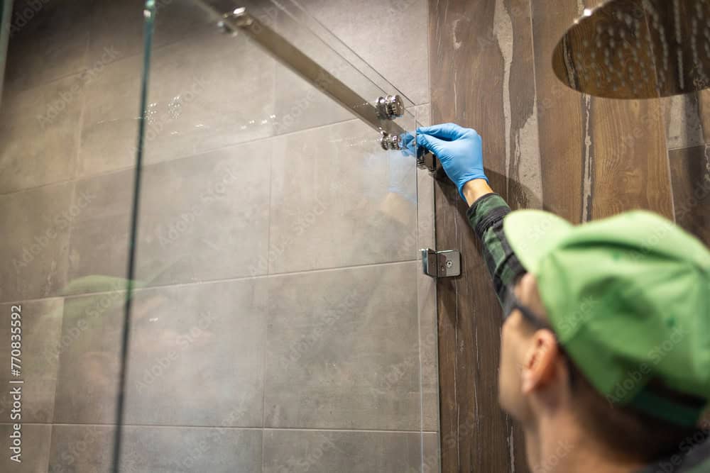 Vitrier fixant la barre de stabilisation d'une paroi de douche
