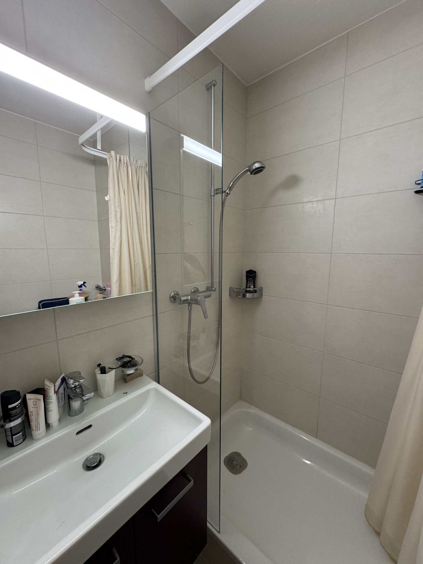 Pare-douche en verre dans une salle de bain avec lavabo