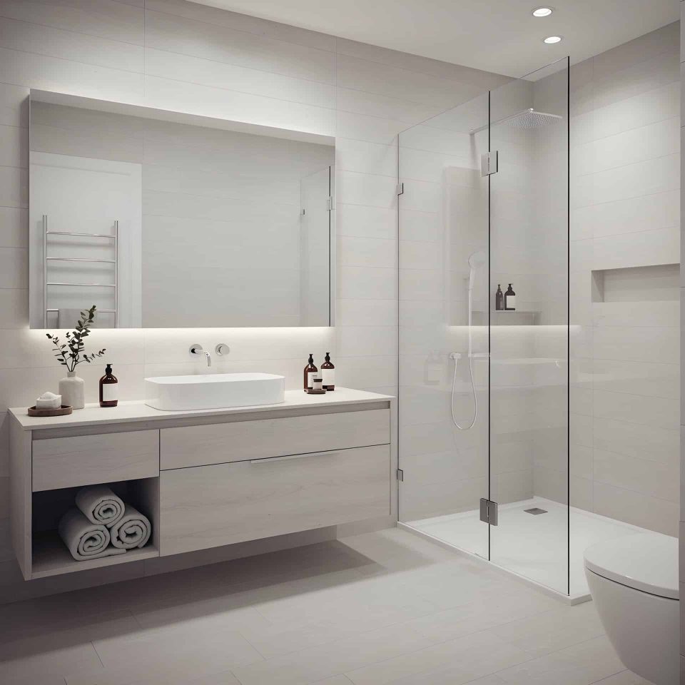 Intérieur de salle de bain blanc minimaliste